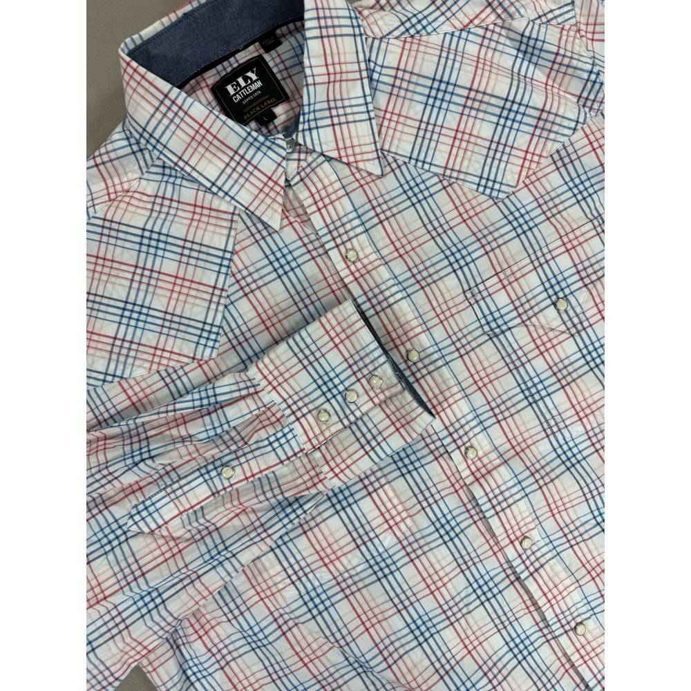 Ely Cattleman Mens Shirt Large Red White Blue Plaid Pearl Snap Western Cowboy